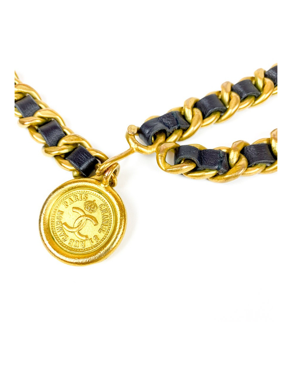 CHANEL vintage ceinture chaîne dorée et cuir noir