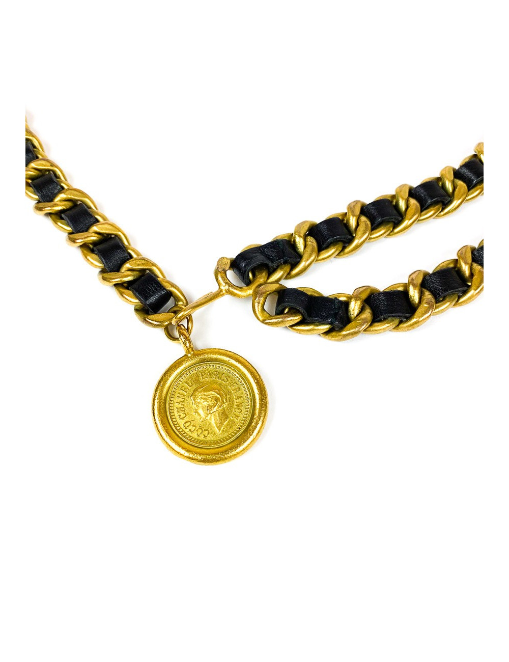 CHANEL vintage ceinture chaîne dorée et cuir noir