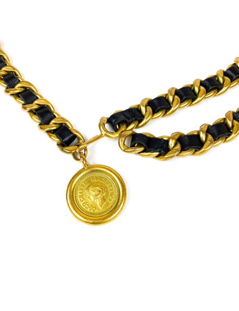 CHANEL vintage ceinture chaîne dorée et cuir noir