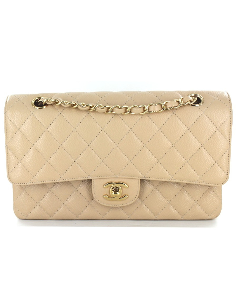 Sac CHANEL timeless en cuir de veau grainé beige et chaîné dorée