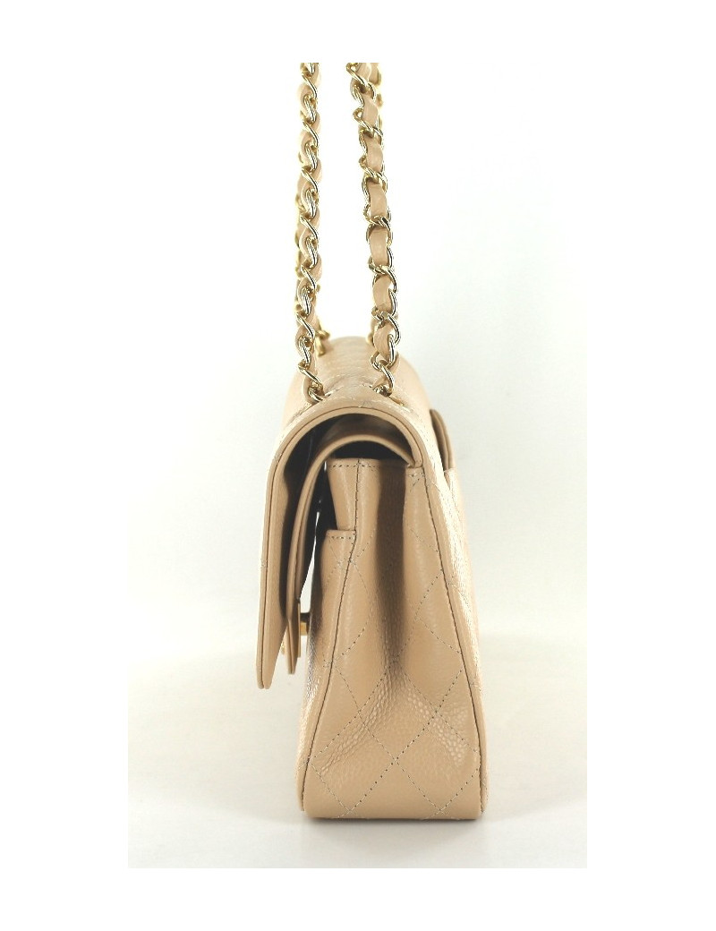 Sac CHANEL timeless en cuir de veau grainé beige et chaîné dorée