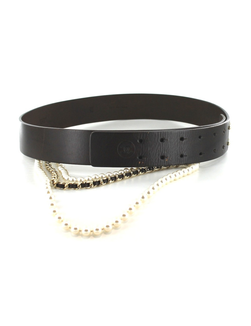 Ceinture CHANEL en cuir noir et perles blanches