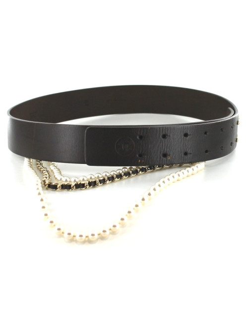 Ceinture CHANEL en cuir noir et perles blanches