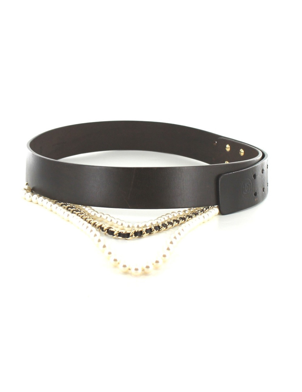 Ceinture CHANEL en cuir noir et perles blanches