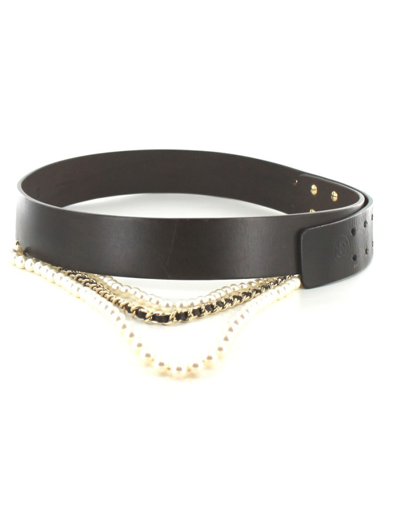 Ceinture CHANEL en cuir noir et perles blanches