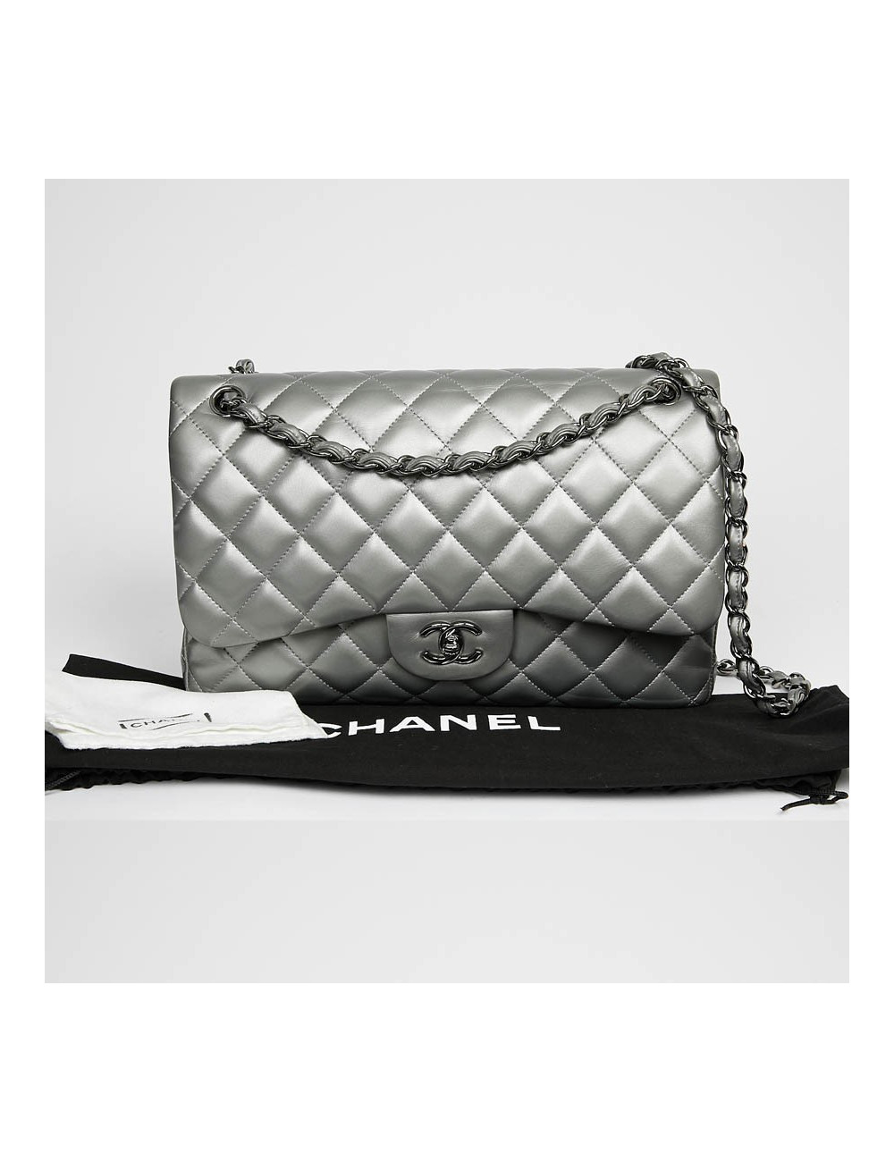 Sac à main CHANEL Jumbo cuir lisse gris acier