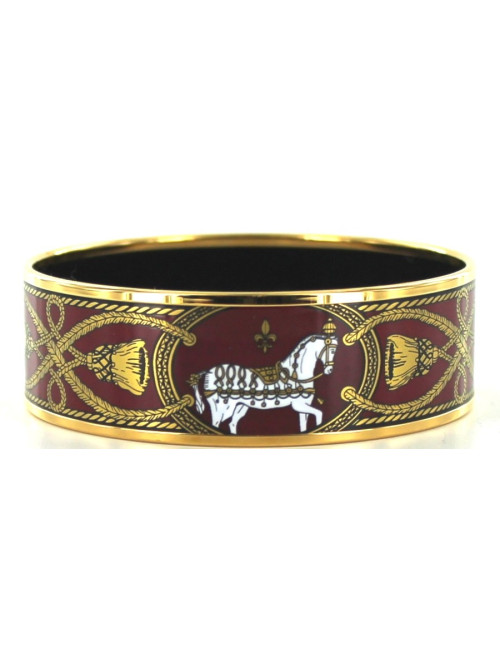 Bracelet HERMES en émail bordeaux et doré motif chevaux