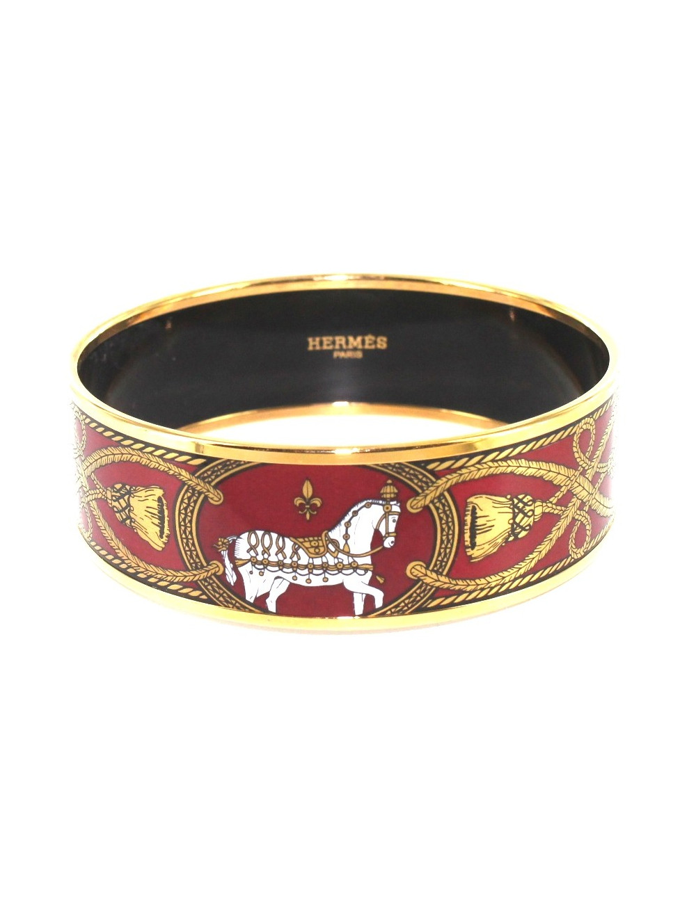Bracelet HERMES en émail bordeaux et doré motif chevaux