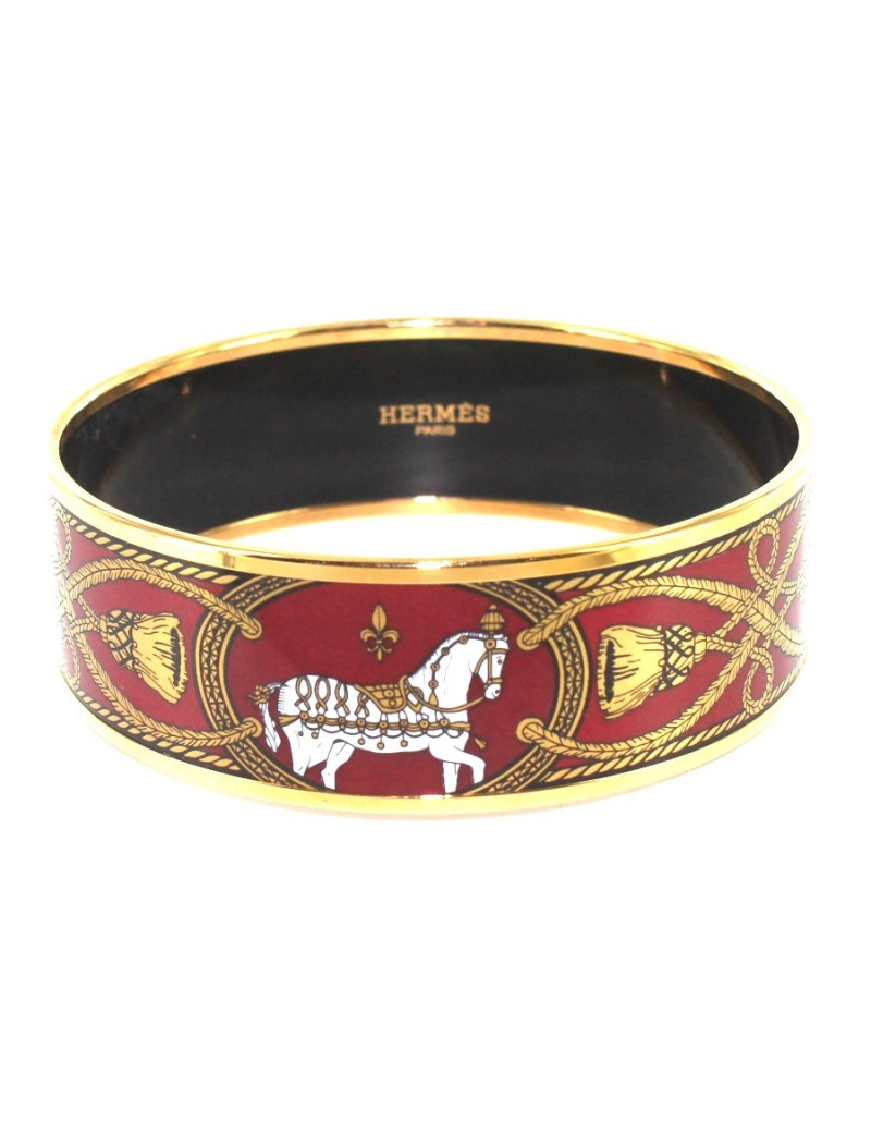 Bracelet HERMES en émail bordeaux et doré motif chevaux