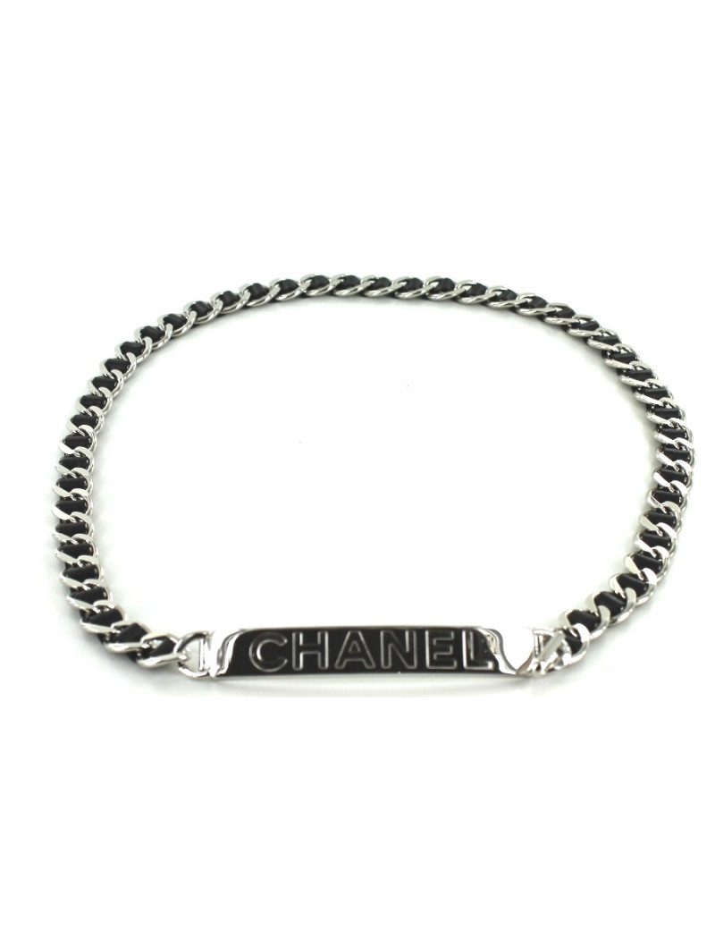 Ceinture CHANEL en chîane argent et cuir noir