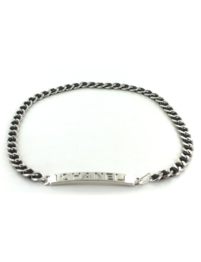 Ceinture CHANEL en chaîne argent et cuir noir